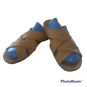 Vionic Orthaheel Juno Comfort Slide Sandals Womens 8 Beige Criss - Cross Weave